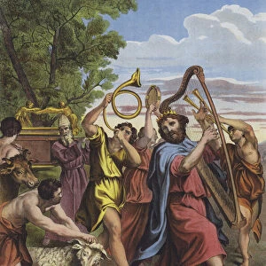 King David dancing before the Ark of the Covenant as he brings it to Jerusalem (colour litho)