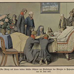 King Frederick William III of Prussia and his two eldest sons beside the deathbed of Queen Louise on the morning of 19 July 1810 (colour litho)