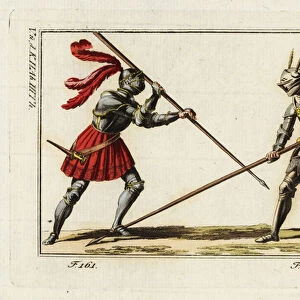 Two knights in armor fighting a duel with lances in a tourney. 1802 (engraving)
