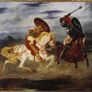 Knights fight in the countryside. Painting by Eugene Delacroix (1798-1863), 19th century. Oil on canvas. Dim: 0, 81 x 1, 00m