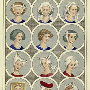 Ladies headdresses of the 14th Century (coloured engraving)