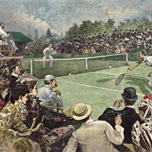 The Lawn Tennis Championship at Wimbledon 1891, Messrs W Baddeley and J Pim competing for the Finals (coloured engraving)