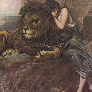 Lion and winged woman (colour litho)