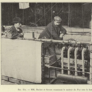 MM Buchet et Severo examinant le moteur du Pax sous le hangar (engraving)