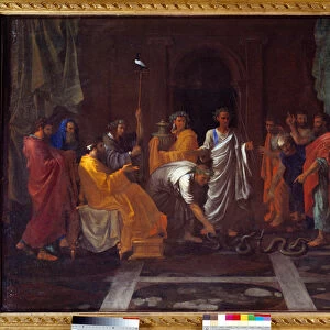 Moses changing Aarons rod into a snake. Painting by Nicolas Poussin (1594-1665)