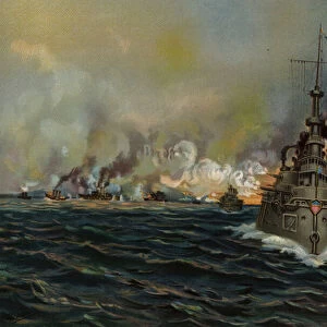 US Navy, naval battle of Santiago, 3 July 1898 (colour litho)