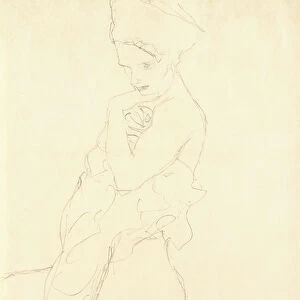 Nude Standing left, holding a towel to the body, 1917 (pencil on buff paper)