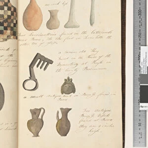 Page 33. Four lacrimatories found in the catacombs;a curious old key;a small antique head in bronze;two antique bronze vessels, 1810-17 (w / c & manuscript text)