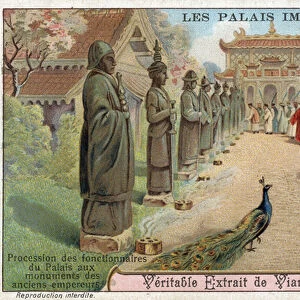 Palace officials visiting the statues of old emperors, China (chromolitho)
