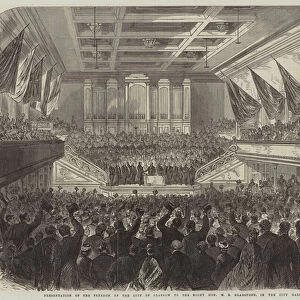 Presentation of the Freedom of the City of Glasgow to the Right Honourable W E Gladstone, in the City Hall (engraving)