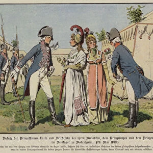 Princesses Louise and Frederica of Mecklenburg-Strelitz visiting their fiances, Crown Prince Frederick William of Prussia and Prince Ludwig of Hanover at the military camp of Bodenheim, 20 May 1793 (colour litho)