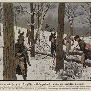 Prussian soldiers evading French captivity, January 1807 (colour litho)
