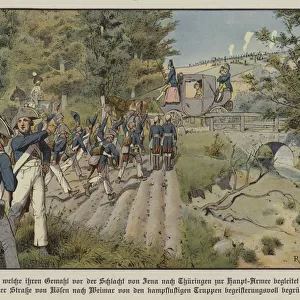 Prussian soldiers greeting Queen Louise of Prussia as she passes them on the road from Kosen to Weimar (colour litho)