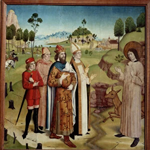 "Representation de la rencontre du roi wisigoth Wamba (672-680 apres JC) et de saint Gilles l ermite (ou Aegidius) (7eme siecle), blesse par la fleche d un chasseur
