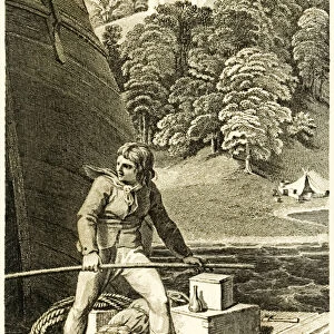 Robinson Crusoe upon his raft from "The Life