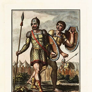 Roman legionary and skirmisher, ancient Rome. 1796 (engraving)