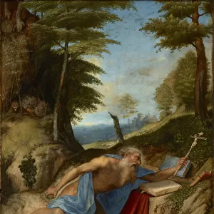 Saint Jerome penitent - The Penitent Saint Jerome, by Lotto, Lorenzo (1480-1556). Oil on wood, c. 1513. Dimension : 55, 8x40 cm. Muzeul National Brukenthal, Sibiu