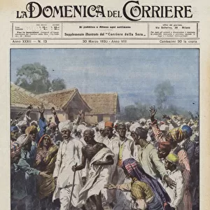Salt March started by Gnadhi to obtain the independence of India, illustration from "Courier Sunday", 1930