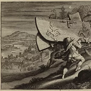 Samson carrying the doors of the city gate of Gaza (engraving)