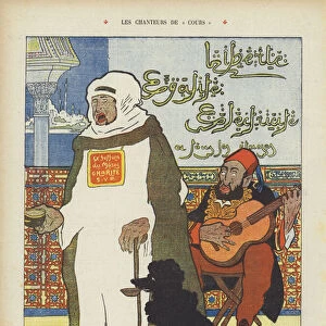 Satire depicting the deposed Moroccan Sultan Abdelaziz and the Ottoman Sultan Abdul Hamid II. (colour litho)