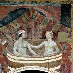 Scene of conjugal life in the Middle Ages. A couple doing their toilet in a bin. Detail. (fresco, early 14th century)
