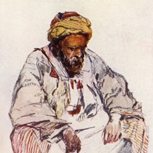 Seated figure of Syrian Shepherd in Sheepskin Coat (colour litho)