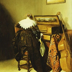 A seated Lady seen from Behind before a Virginal, (oil on panel)