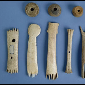 Spindle whorls, antler weaving combs and a bone shuttle and loom fitting, Iron Age (bone)