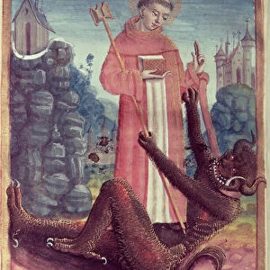 St. Bernard of Menthon (923-1008) Overcoming a Demon, from a Book of Hours, 1490 (vellum)