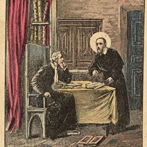 St. Francis de Sales and Theodore Beza - Saint Francois-de-Sales (Saint Francois de Sales) (1567-1622) and Theodore de Beze (1519-1606) - Engraving from "Religious teaching by the eyes