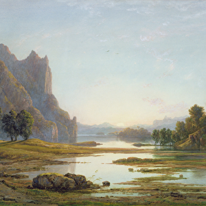 Sunset over a River Landscape, c. 1840 (w / c with bodycolour over graphite on paper)