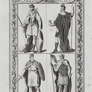 Sweyn Forkbeard, Olaf, Edmund II and Canute I, Kings of England before the Norman Conquest (engraving)