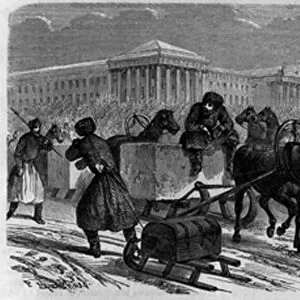 Transport of ice in St. Petersburg, Russia. Engraving in "The Youth Journal"