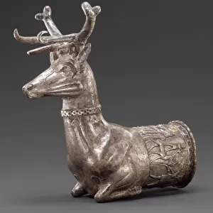 Vessel terminating in the forepart of a stag, c. 1300 BC (silver, gold inlay)