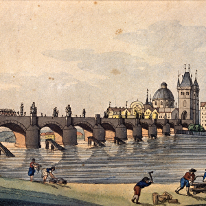View of Charles Bridge from Kampa Island, Prague, c. 1810 (coloured etching)