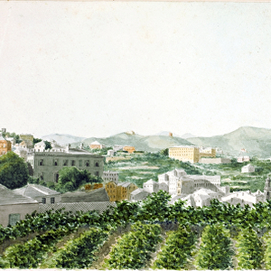 View over the city of Genoa with Santo Stefano bell tower (Watercolour, ca 1825)