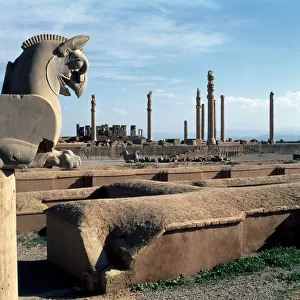 View of the north portico of the Apadana with the Tachara in the background