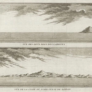 Views of the Mariana Islands and the coast of Northwestern Saipan (engraving)