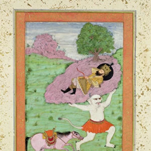 The White Demon carrying off the sleeping Rustam, illustration from the Shahnama