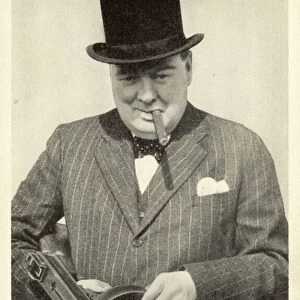 Winston Churchill with machine gun, cigar and hat, WW2 propaganda image (b / w photo)