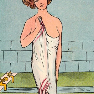 Woman draped in a towel in the bathroom (colour litho)