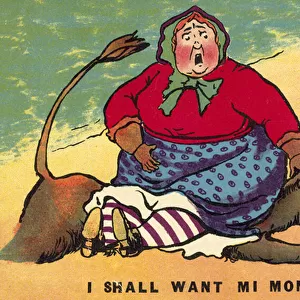 A woman too fat for the donkey ride (colour litho)