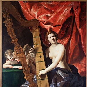 Woman music playing the harp (Allegory of Music). (Painting, 17th century)