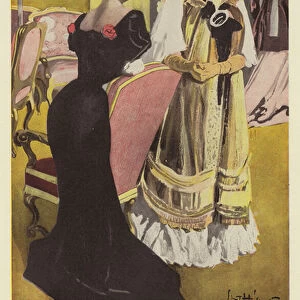 Two women discussing holiday travel plans (colour litho)
