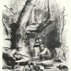 Wood-cutting in the forests of the Alps (engraving)