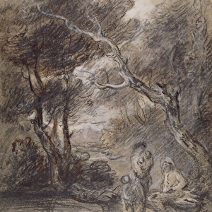 Wooded Landscape with Figures, c. 1788 (chalk, wash and gouache on paper)