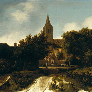 Wooded Landscape with Figures near a Church, c. 1660 (oil on panel)