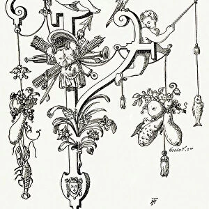 Y - Deux cherubins - Alphabet by T. de Bry (new artistic alphabet), 1880 (engraving)