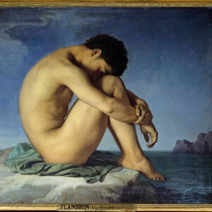 Young naked man seated by the sea Thinker in a retreat position (introspection)