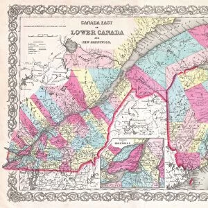 1854, Colton Map of Quebec, Montreal and New Brunswick, Canada, topography, cartography